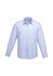 A light blue long-sleeve button-up shirt with a pocket and a logo on the chest.