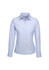 A pale blue women's button-up shirt with long sleeves and a collar, featuring a branding logo.