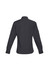 A long-sleeve black button-up shirt with a collar and rolled sleeves, featuring a logo on the back.