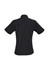 A black short-sleeve button-up shirt for women, featuring a simple design with a collar and a logo.