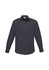 A long sleeve, button-up shirt in dark grey with two chest pockets and a logo on the sleeve.