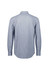 A long sleeve button-up shirt in a blue check pattern with a collar and buttoned cuffs. Features a logo on the back.