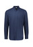 A navy long sleeve button-up shirt with a collar and a single chest pocket. It features a logo on the label.