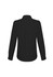 A black long sleeve button-up shirt with a collar and a plain back. Features include a subtle logo.