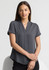 A short sleeve button-up shirt in a dark grey colour, featuring a v-neck design and a subtle logo.