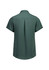 A green women's button-up shirt featuring short sleeves and a back pleat design. It has a logo on the label.