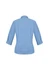 A women's 3/4 sleeve button-up shirt in blue with a checkered pattern and a back view showcasing the design.