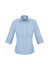 A women's 3/4 sleeve button-up shirt in a light blue check pattern, featuring a classic collar and a logo.