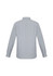 A long-sleeve, button-up shirt in a light grey and white striped pattern, featuring a classic collar and cuffs.