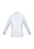 A white long sleeve button-up shirt with a collared neckline and cuffs. The back view highlights its tailored design.
