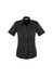 A black short sleeve button-up shirt with a fitted design and rolled sleeves, featuring a logo.
