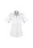 A short-sleeve button-up shirt in white, featuring a collared neckline and a fitted design. It has a logo on the fabric.