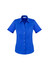 A women's short sleeve button-up shirt in bright blue, featuring a collar and a logo on the chest.