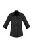 A black women's button-up shirt with 3/4 sleeves and a fitted design, featuring a subtle logo.