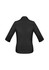 A black women's button-up shirt with 3/4 sleeves, featuring a classic collar and rolled cuffs.