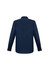 A navy blue long sleeve button-up shirt with a collar and cuffed sleeves. Features a logo.