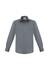 A grey long sleeve button-up shirt with a breast pocket and a logo on the collar.