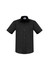 A short sleeve black button-up shirt with a front pocket and a branded label on the collar.