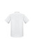A white short sleeve button-up shirt featuring a back view with a collar and logo.
