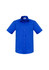 A blue short sleeve button-up shirt with a pocket and a logo on the collar.