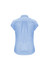 A women's light blue short sleeve button-up shirt with a back pleat and a logo.