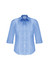 A women's button-up shirt in light blue with 3/4 sleeves and a fitted design, featuring a logo on the label.