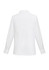A white women's long sleeve button-up shirt featuring a simple design and a logo on the back.