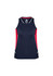 A navy and red sleeveless singlet featuring a logo, with contrasting side panels and a sporty design.