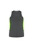 A women's singlet in dark grey with bright green side panels and a logo on the back.