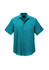 A short sleeve button-up shirt in a vibrant teal colour, featuring a chest pocket and a logo.