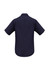 A navy short sleeve button-up shirt with a plain design and a logo on the back.
