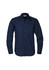 A navy blue long sleeve button-up shirt with a collar and a pocket, featuring a logo on the chest.