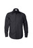 A black long sleeve button-up shirt with a single pocket and a collar. It features a logo on the label.