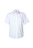 A white short sleeve button-up shirt featuring a single chest pocket and a collar, with a logo on the label.