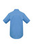 A blue short sleeve button-up shirt featuring a plain back and a collar. It includes a logo.