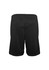 A pair of black sports shorts with an elastic waistband and a plain design, featuring a logo on the back.