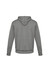 A grey hoodie for kids featuring a kangaroo pocket and a drawstring hood. It includes a logo on the back.