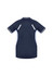 A navy women's short sleeve tee with contrasting white accents and a logo on the back.