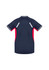 A short sleeve tee in navy with red accents and a branding logo on the back.