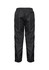Black track pants with an elastic waistband and gathered cuffs, featuring a branding logo.