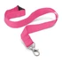 A pink lanyard with a clip and an adjustable buckle. Features a branding logo.