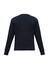 A dark navy wool-mix knitted pullover with long sleeves and a crew neck. It has a logo on the back.