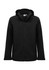 A black rain jacket with a hood, featuring a zip front and side pockets, showcasing a simple design and a logo.