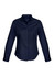 A navy button-up long sleeve shirt for women with a fitted design and a collar. It features a logo.
