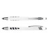 A white plastic stylus pen with silver accents and a textured grip, featuring a logo.