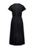 A black midi dress featuring short sleeves, a fitted waist, and a simple back design with a belt.