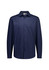A navy button-up long sleeve shirt featuring a collar and a logo on the inside label.