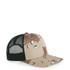 A camo cap with a mesh black section, featuring a beige and brown camouflage pattern on the front.