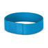 A blue wristband with a smooth finish and a branding logo, designed for events and exhibitions.
