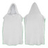 A white adult hooded towel with green trim, featuring a spacious design and a hood. It has a logo on it.